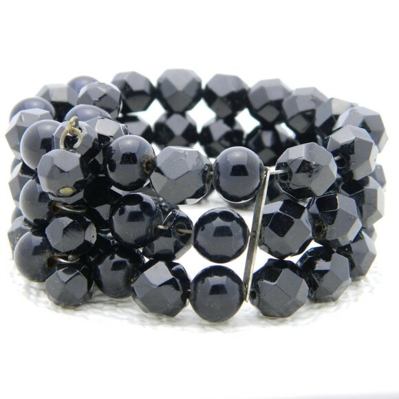Silver Tone Black Faceted Crystal Glass Bracelet - Picture 2 of 4